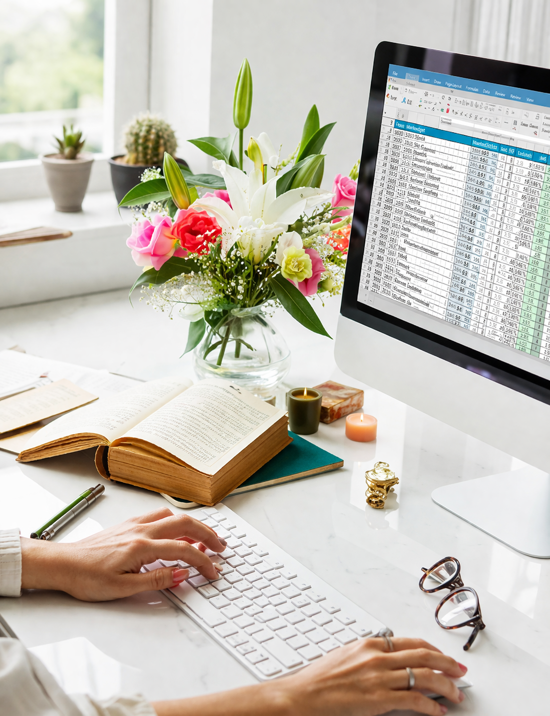 Cozy modern workspace with plants and blooms