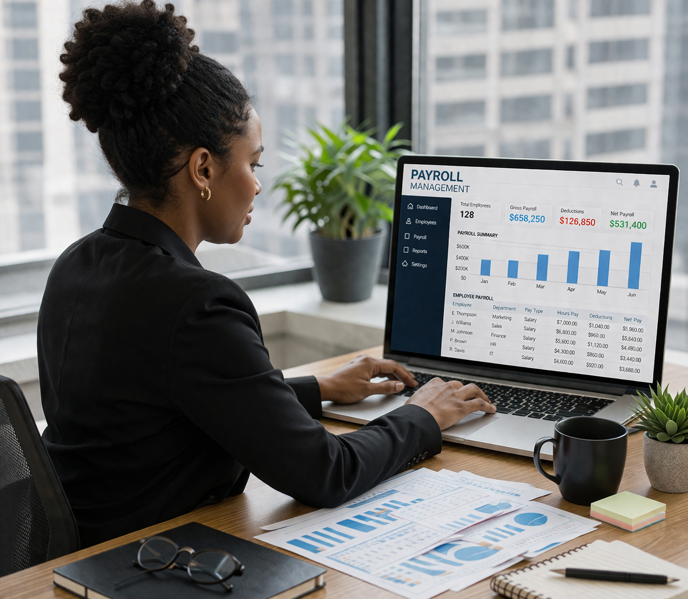 Focused on payroll in modern office